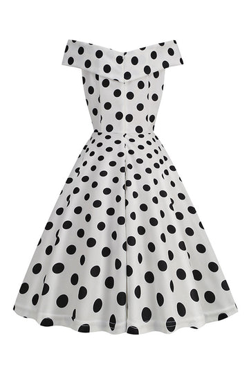 Blanco Fuera del Hombro Lunares Vestido Vintage